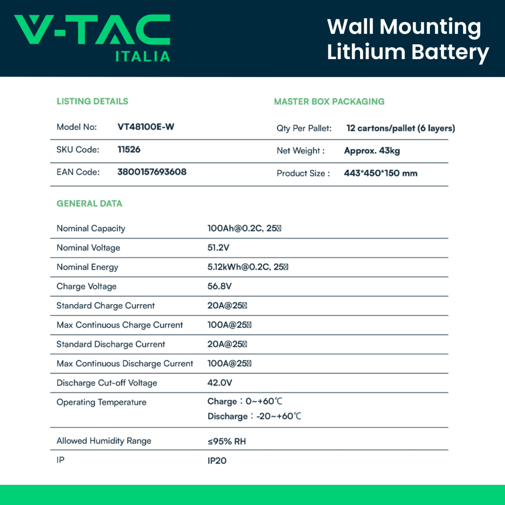 V-TAC Batteria di Accumulo 5.12kWh al Litio-Ferro-Fosfato LiFePO4 BMS Integrato per Inverter Fotovoltaici CEI 0-21 51.2V 100Ah Garanzia 10 Anni V-TAC Batteria di Accumulo 5.12kWh al Litio-Ferro-Fosfato LiFePO4 BMS Integrato per Inverter Fotovoltaici CEI 0-21 51.2V 100Ah Garanzia 10 Anni